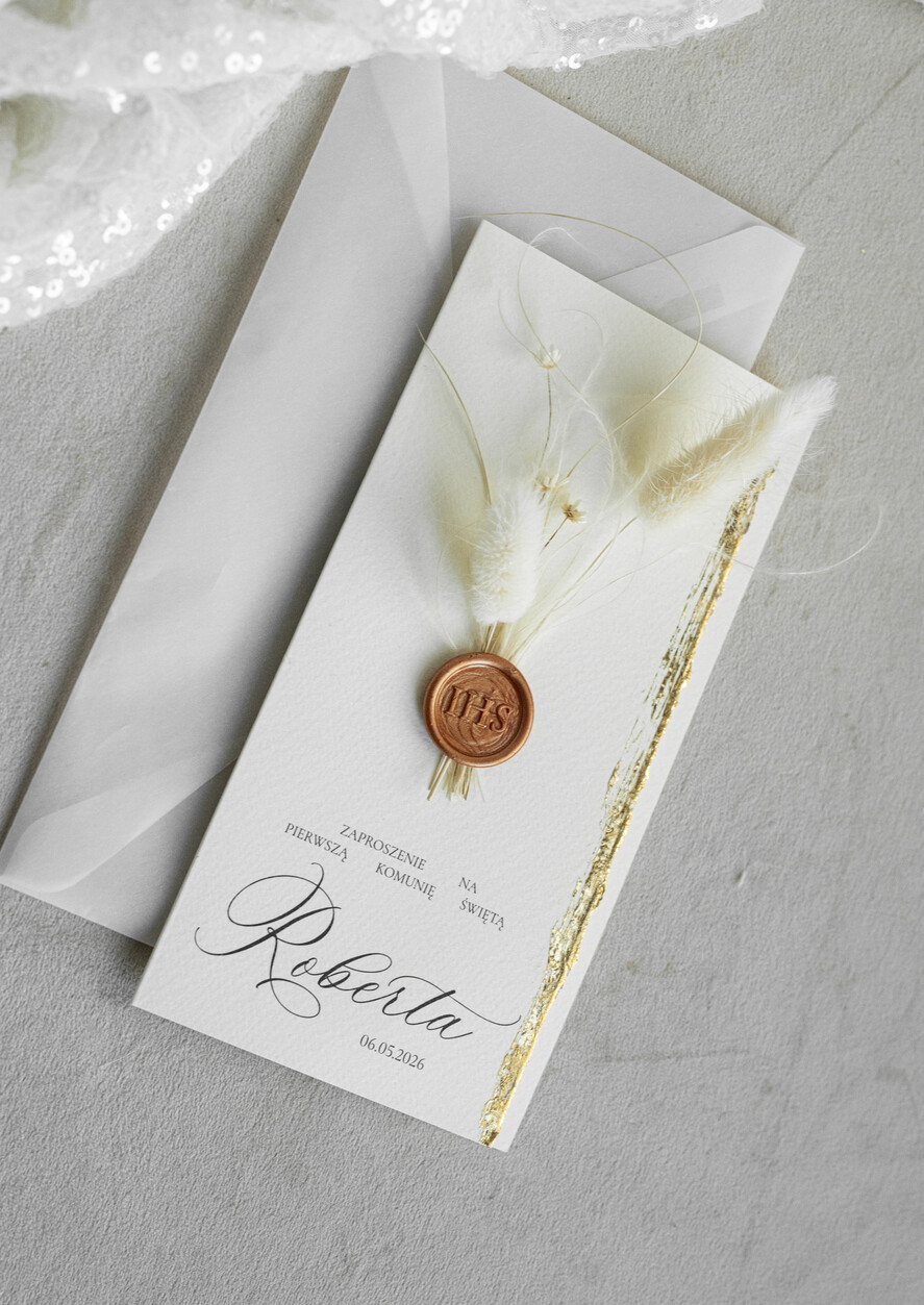 Zaproszenia na Komunię  chłopiec  złocone zaproszenia na Komunię  Kalkowe Zaproszenie komunijne personalizowane0