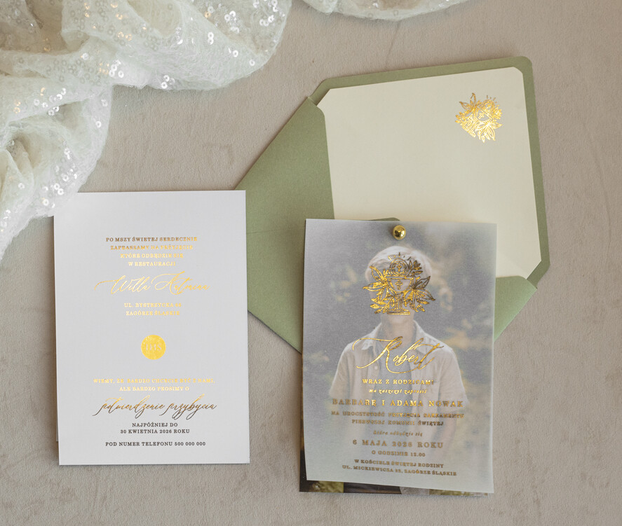 Zaproszenia na Komunię  chłopiec szałwiowe złocone zaproszenia na Komunię ze zdjęciem  Kalkowe Zaproszenia komunijne personalizowane4