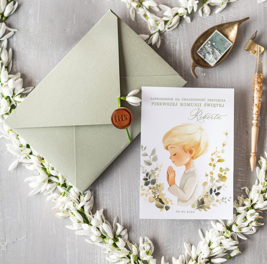 Zaproszenia na Komunię  chłopiec delikatne zaproszenia Komunijne proste zaproszenie na komunię  personalizowane3