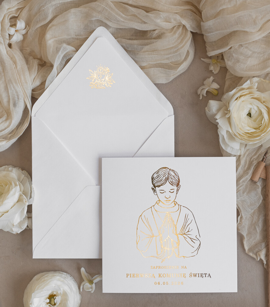 Zaproszenia na Komunię  chłopiec złote lub srebrne ręcznie robione zaroszenia komunijne nietypowe zaproszenie na komunie personalizowane zaproszenia Komunijne proste zaproszenie na komunię dla chłopca1