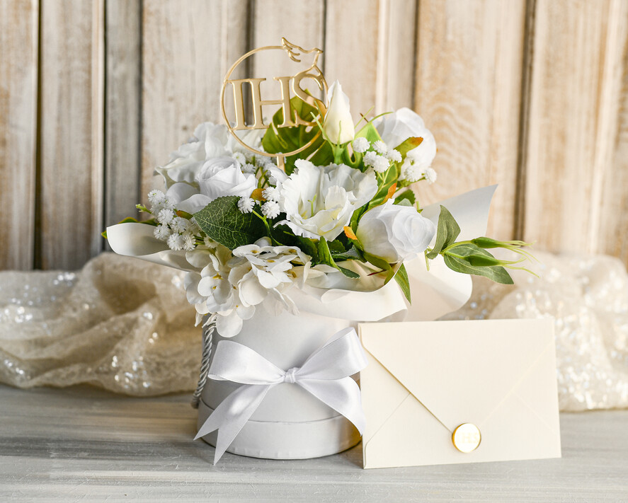Pamiątki Prezenty na komunię  boxy prezentowe Zestaw Prezentowy od Chrzestnych na Pierwszą komunię, Flowerbox Komunijny opakowanie na pieniądze3