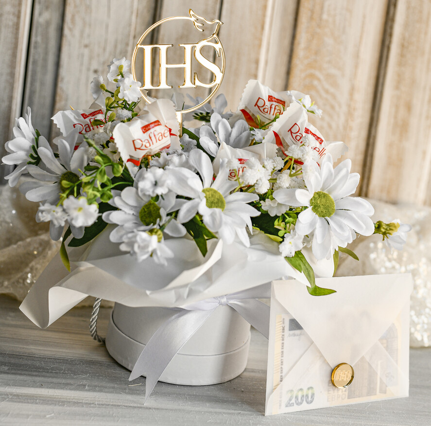Pamiątki Prezenty na komunię  boxy prezentowe Zestaw Prezentowy od Chrzestnych na Pierwszą komunię, Flowerbox Komunijny opakowanie na pieniądze1
