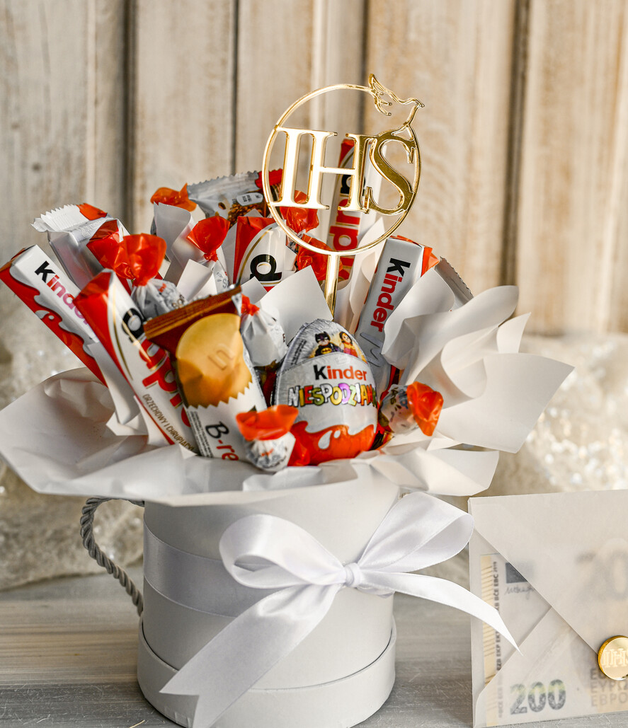 Pamiątki Prezenty na komunię  boxy prezentowe Zestaw Prezentowy od Chrzestnych na Pierwszą komunię Kinderki, Flowerbox Komunijny opakowanie na pieniądze11