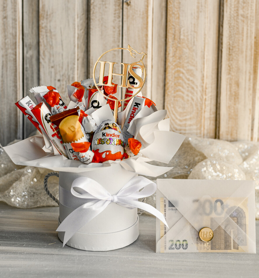 Pamiątki Prezenty na komunię  boxy prezentowe Zestaw Prezentowy od Chrzestnych na Pierwszą komunię Kinderki, Flowerbox Komunijny opakowanie na pieniądze12