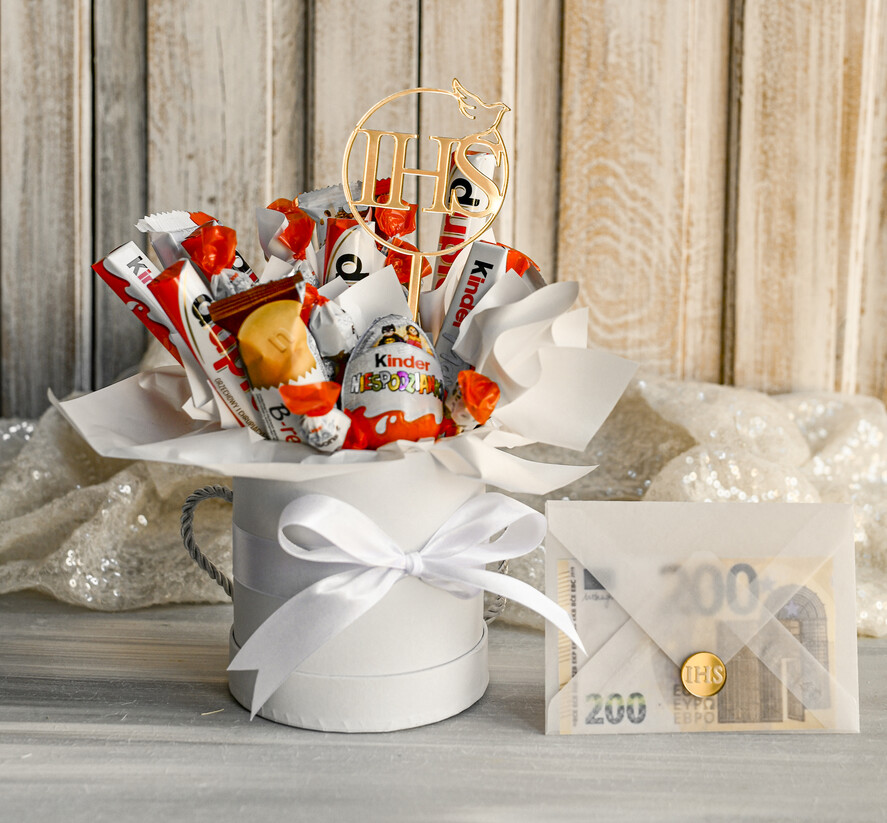 Pamiątki Prezenty na komunię  boxy prezentowe Zestaw Prezentowy od Chrzestnych na Pierwszą komunię Kinderki, Flowerbox Komunijny opakowanie na pieniądze14