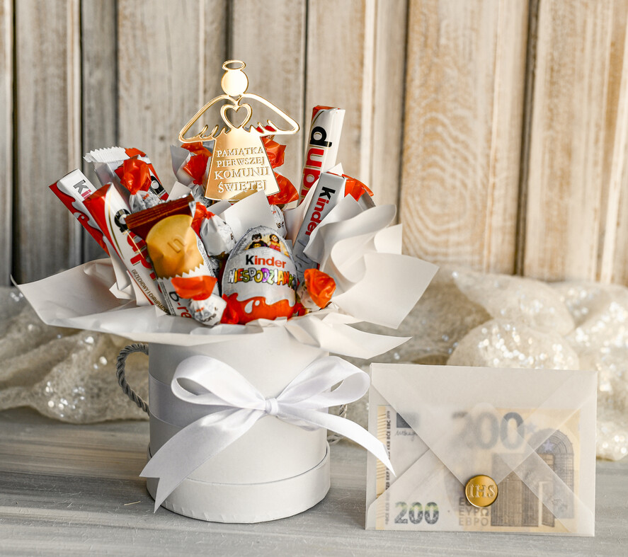 Pamiątki Prezenty na komunię  boxy prezentowe Zestaw Prezentowy od Chrzestnych na Pierwszą komunię Kinderki, Flowerbox Komunijny opakowanie na pieniądze5