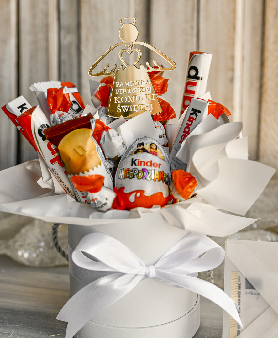 Pamiątki Prezenty na komunię  boxy prezentowe Zestaw Prezentowy od Chrzestnych na Pierwszą komunię Kinderki, Flowerbox Komunijny opakowanie na pieniądze7