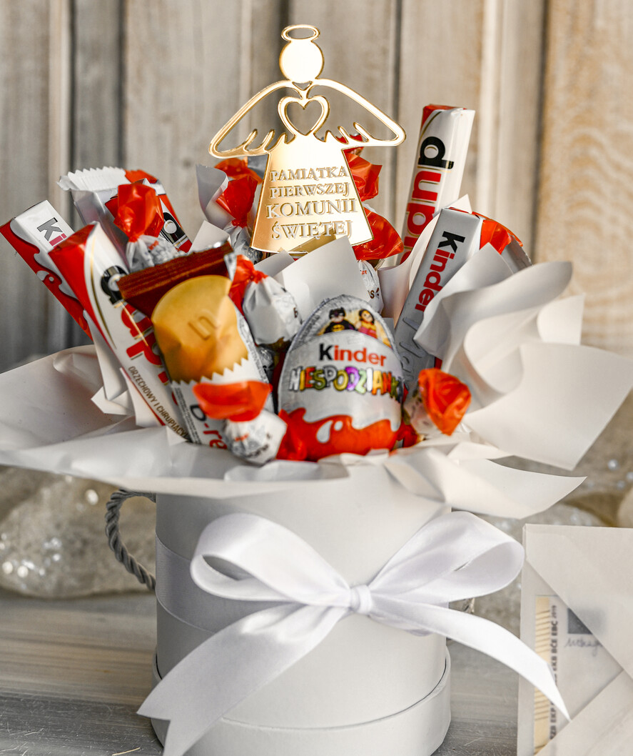 Pamiątki Prezenty na komunię  boxy prezentowe Zestaw Prezentowy od Chrzestnych na Pierwszą komunię Kinderki, Flowerbox Komunijny opakowanie na pieniądze8