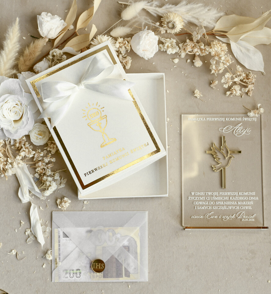 Pamiątki Prezenty na komunię  pamiątki na komunie  Statuetka pamiątka Pierwszej Komunii w pudełku, personalizowana Pamiątka Komunijna opakowanie na pieniądze1