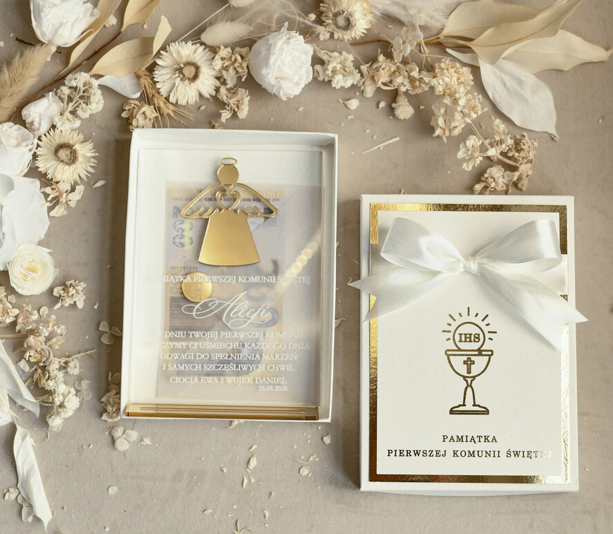 Pamiątki Prezenty na komunię  pamiątki na komunie  Statuetka pamiątka Pierwszej Komunii w pudełku, personalizowana Pamiątka Komunijna opakowanie na pieniądze2