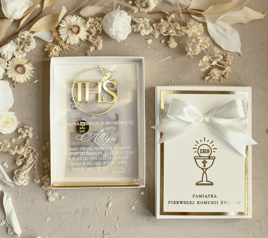 Pamiątki Prezenty na komunię  pamiątki na komunie  Statuetka pamiątka Pierwszej Komunii w pudełku, personalizowana Pamiątka Komunijna opakowanie na pieniądze2