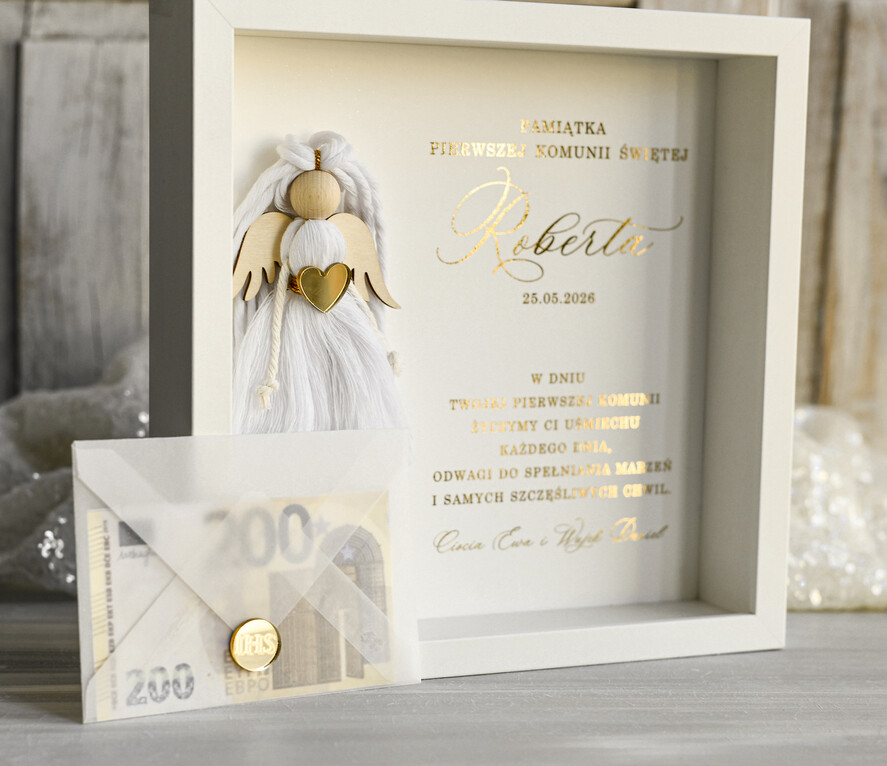 Pamiątki Prezenty na komunię  pamiątki na komunie  Pamiątka Pierwszej Komunii orbrazek z życzeniami Personalizowane pudełko na Prezent1