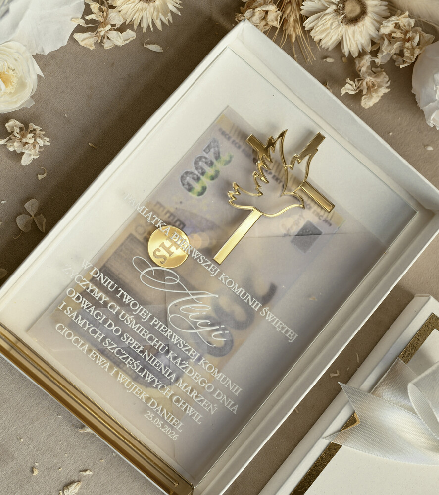 Pamiątki Prezenty na komunię  pamiątki na komunie  Statuetka pamiątka Pierwszej Komunii w pudełku, personalizowana Pamiątka Komunijna opakowanie na pieniądze1