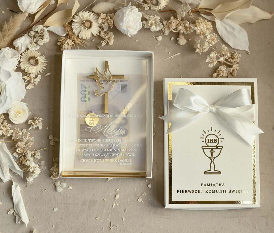 Pamiątki Prezenty na komunię  pamiątki na komunie  Statuetka pamiątka Pierwszej Komunii w pudełku, personalizowana Pamiątka Komunijna opakowanie na pieniądze2