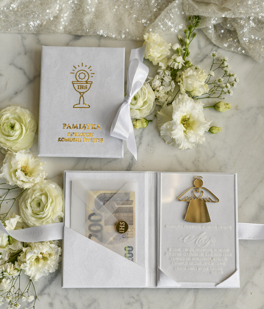 Pamiątki Prezenty na komunię  pamiątki na komunie  Statuetka pamiątka Pierwszej Komunii w pudełku, personalizowana Pamiątka Komunijna opakowanie na pieniądze5