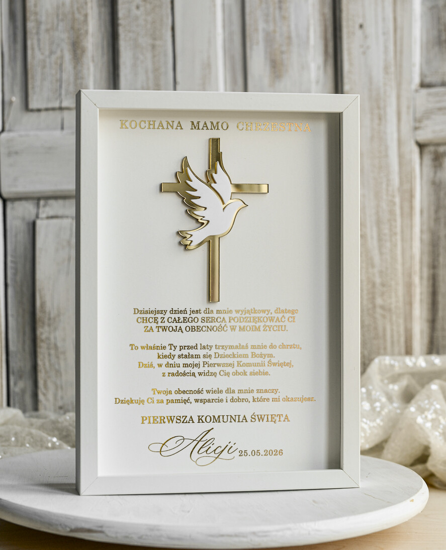 Pamiątki Prezenty na komunię  podziękowania dla najbliższych  podziękowanie dla Matki Chrzestnej na Komunię, Komunijne podziękowania dla Matki i Ojca Chrzestnego w białej ramie 0