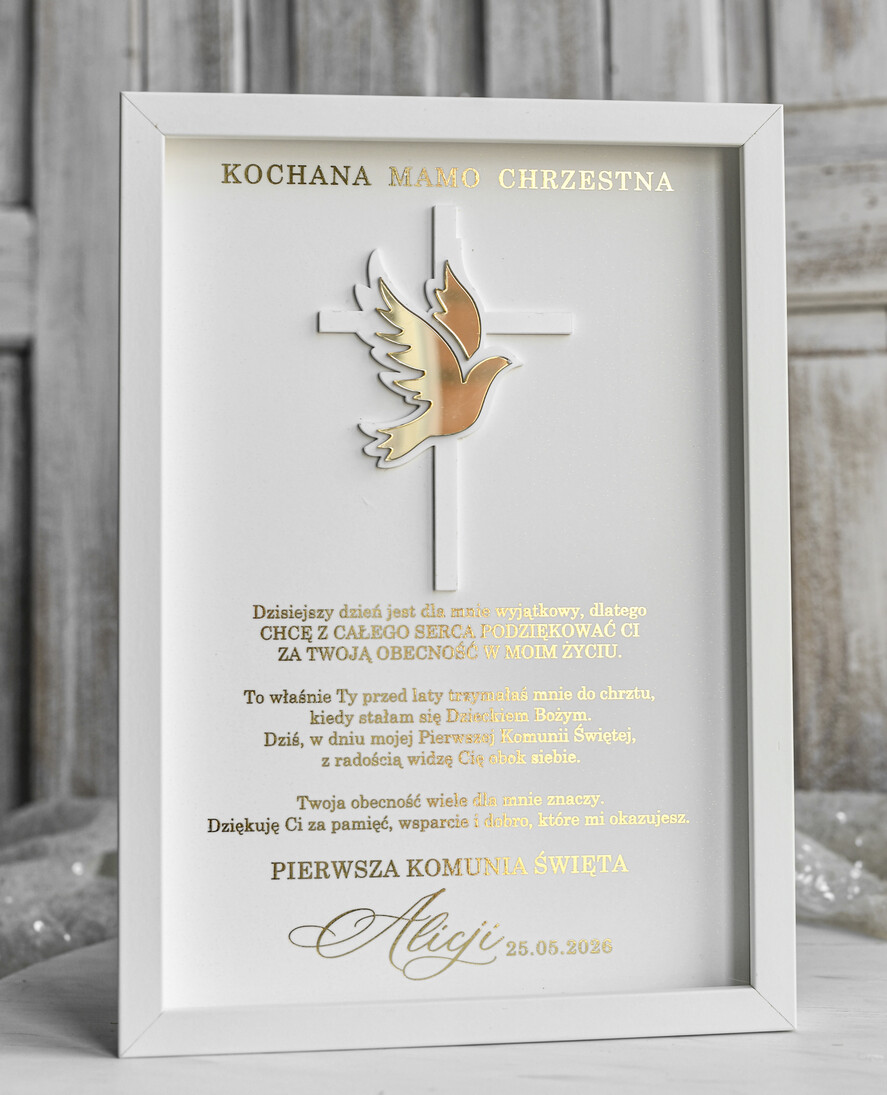 Pamiątki Prezenty na komunię  podziękowania dla najbliższych  podziękowanie dla Matki Chrzestnej na Komunię, Komunijne podziękowania dla Matki i Ojca Chrzestnego w białej ramie 0