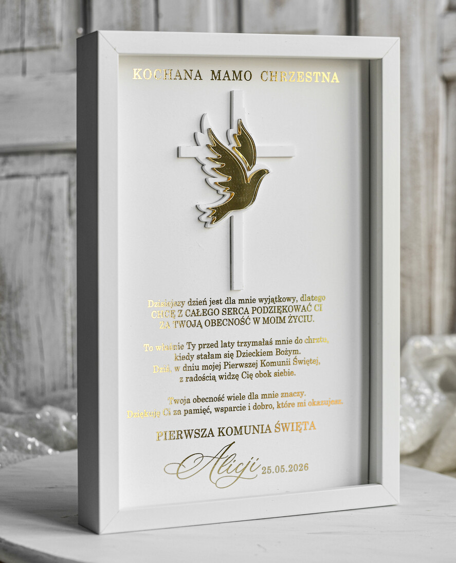 Pamiątki Prezenty na komunię  podziękowania dla najbliższych  podziękowanie dla Matki Chrzestnej na Komunię, Komunijne podziękowania dla Matki i Ojca Chrzestnego w białej ramie 1
