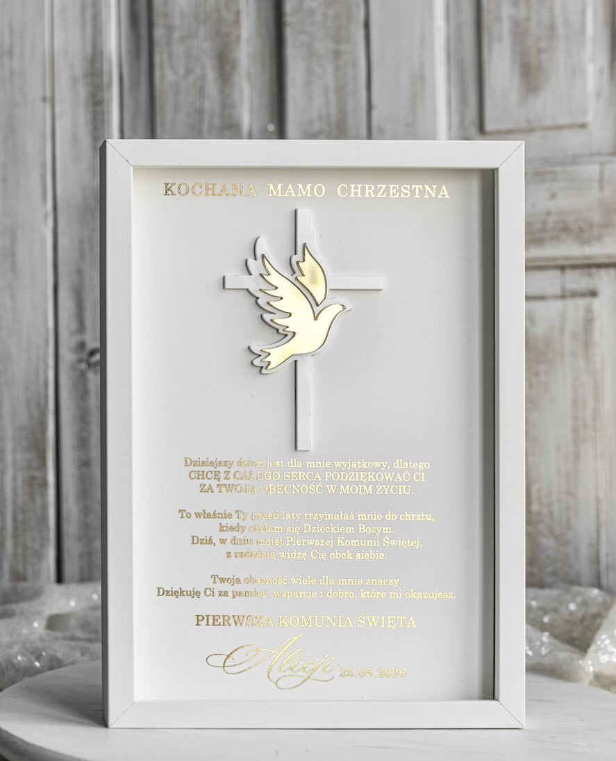 Pamiątki Prezenty na komunię  podziękowania dla najbliższych  podziękowanie dla Matki Chrzestnej na Komunię, Komunijne podziękowania dla Matki i Ojca Chrzestnego w białej ramie 3