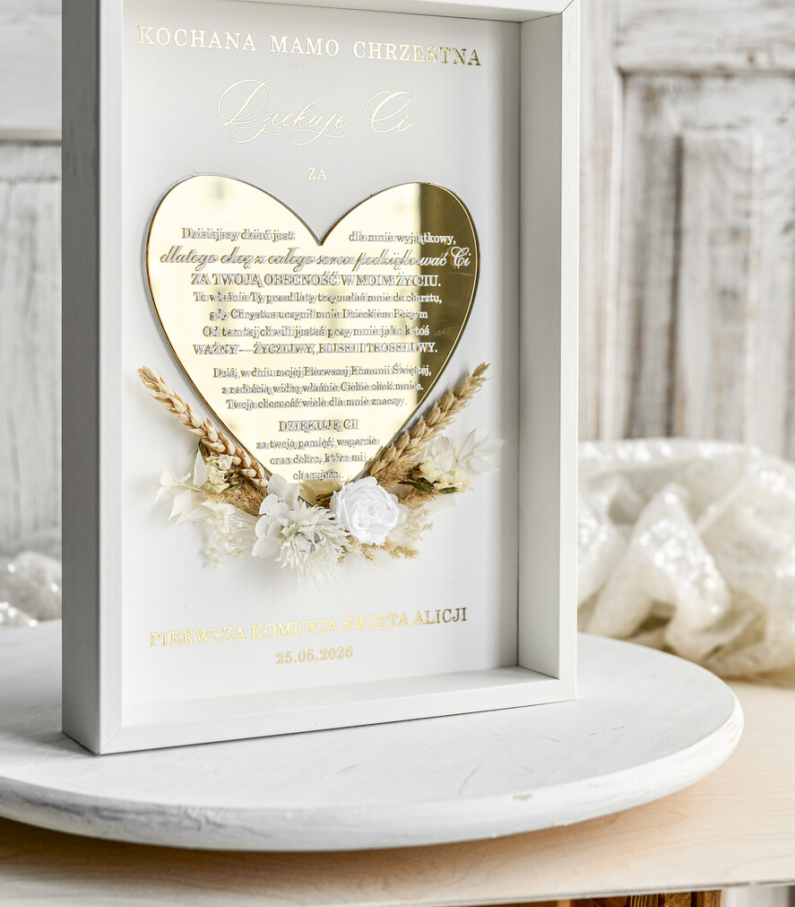 Pamiątki Prezenty na komunię  podziękowania dla najbliższych  Komunijne podziękowanie dla Matki i Ojca Chrzestnego Rama i kwiaty , Flowerbox Serce podziękowania dla chrzestnych na Komunię2