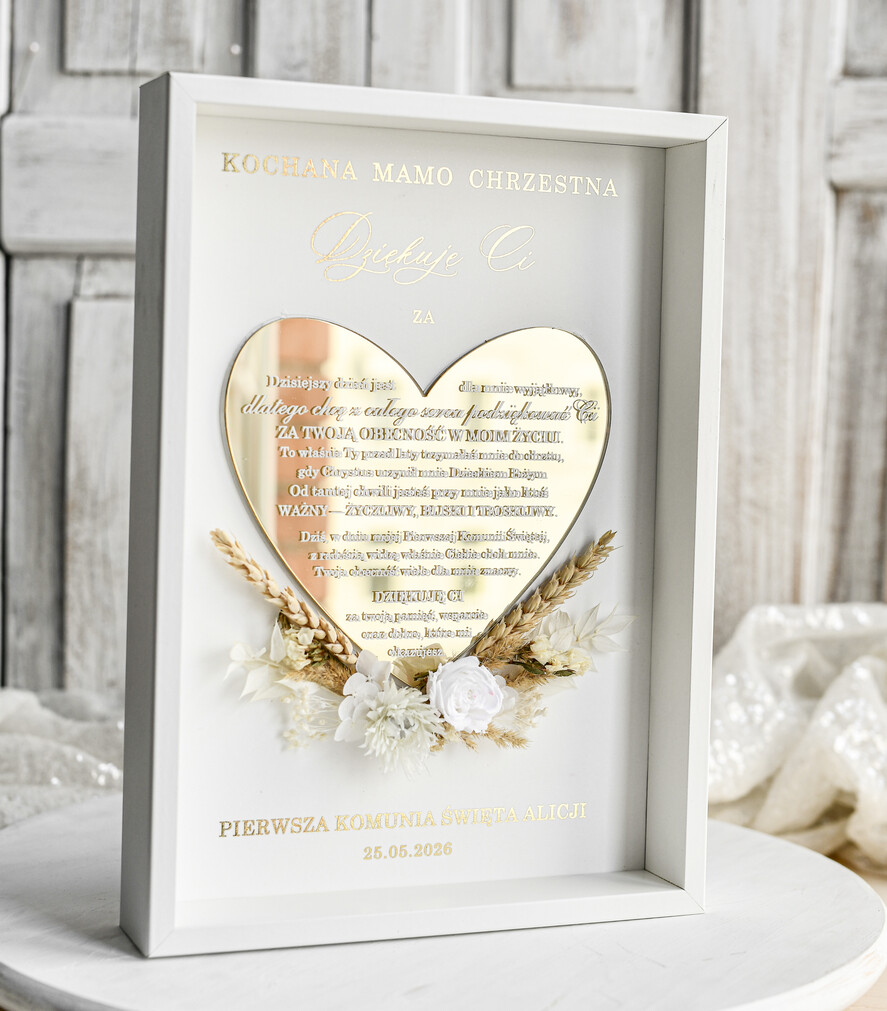 Pamiątki Prezenty na komunię  podziękowania dla najbliższych  Komunijne podziękowanie dla Matki i Ojca Chrzestnego Rama i kwiaty , Flowerbox Serce podziękowania dla chrzestnych na Komunię4