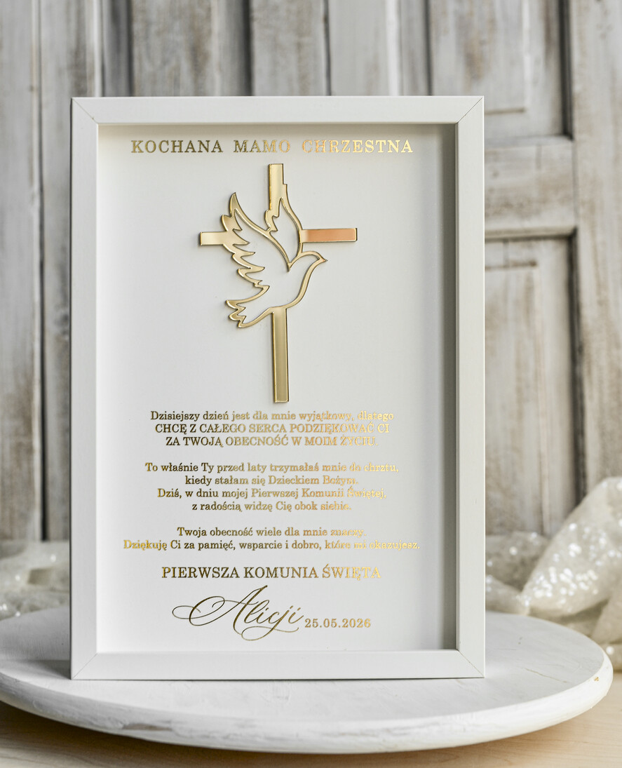 Pamiątki Prezenty na komunię  podziękowania dla najbliższych  podziękowanie dla Matki Chrzestnej na Komunię, Komunijne podziękowania dla Matki i Ojca Chrzestnego w białej ramie 0