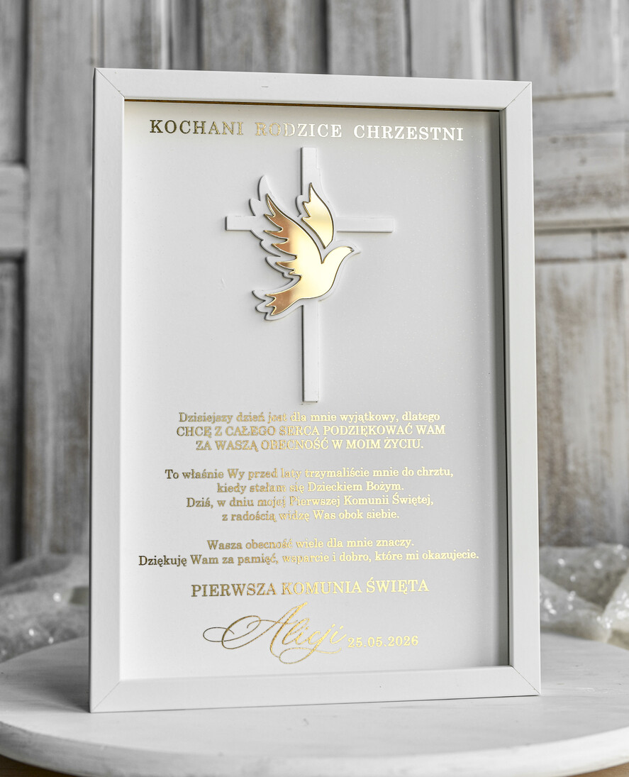 Pamiątki Prezenty na komunię  podziękowania dla najbliższych  podziękowanie dla rodziców Chrzestnych na Komunię, Komunijne podziękowania dla Matki i Ojca Chrzestnego w białej ramie 4