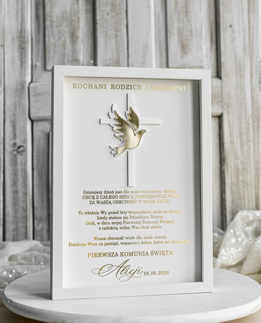 Pamiątki Prezenty na komunię  podziękowania dla najbliższych  podziękowanie dla rodziców Chrzestnych na Komunię, Komunijne podziękowania dla Matki i Ojca Chrzestnego w białej ramie 5
