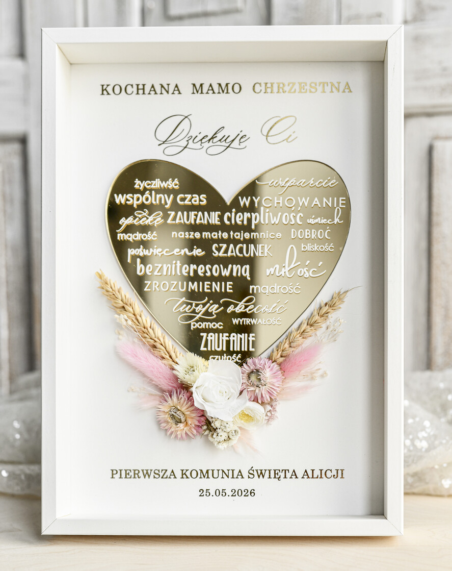 Pamiątki Prezenty na komunię  podziękowania dla najbliższych  podziękowanie dla Matki Chrzestnej na Komunię, Komunijne podziękowania dla Matki i Ojca Chrzestnego Rama i kwiaty , Flowerbox Serce 2