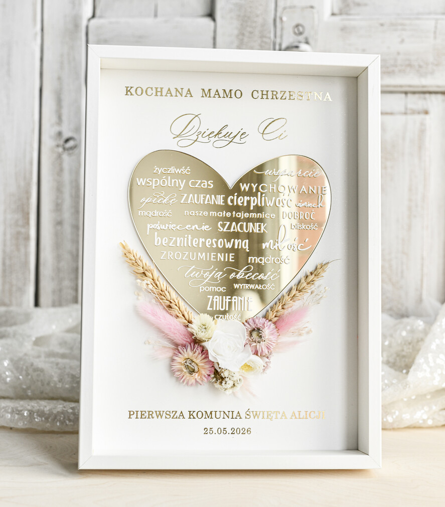 Pamiątki Prezenty na komunię  podziękowania dla najbliższych  podziękowanie dla Matki Chrzestnej na Komunię, Komunijne podziękowania dla Matki i Ojca Chrzestnego Rama i kwiaty , Flowerbox Serce 5