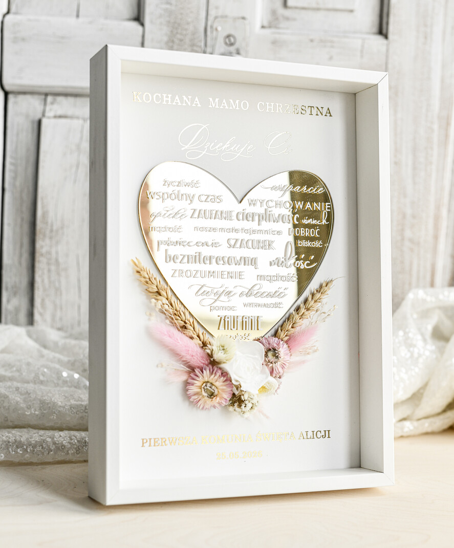 Pamiątki Prezenty na komunię  podziękowania dla najbliższych  podziękowanie dla Matki Chrzestnej na Komunię, Komunijne podziękowania dla Matki i Ojca Chrzestnego Rama i kwiaty , Flowerbox Serce 6