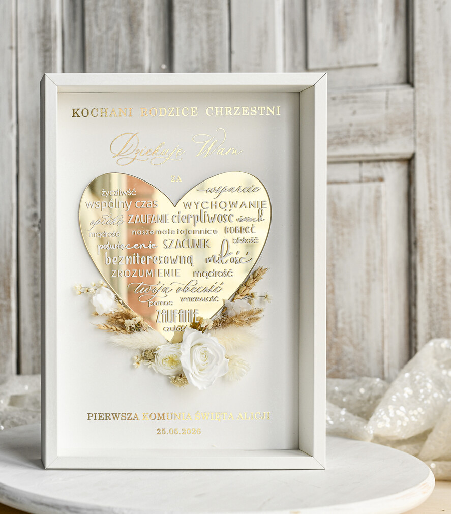 Pamiątki Prezenty na komunię  podziękowania dla najbliższych  podziękowanie dla Matki Chrzestnej na Komunię, Komunijne podziękowania dla Matki i Ojca Chrzestnego Rama i kwiaty , Flowerbox Serce 2