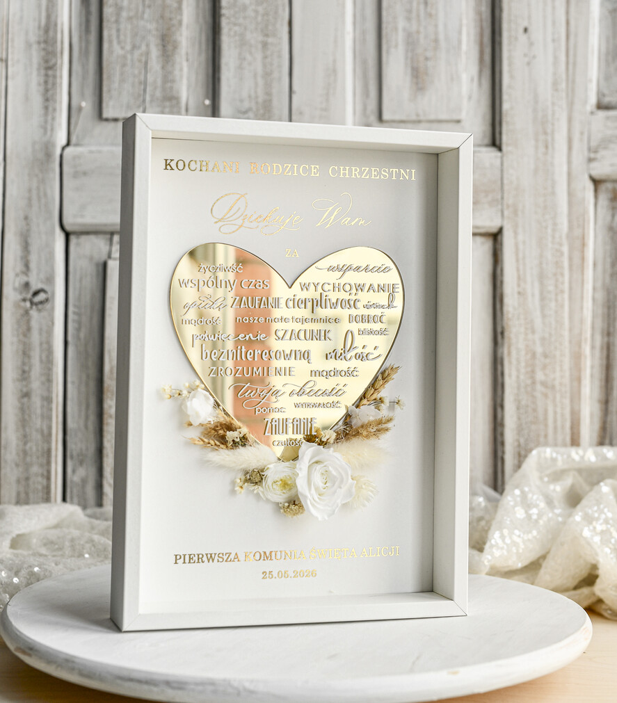 Pamiątki Prezenty na komunię  podziękowania dla najbliższych  podziękowanie dla Matki Chrzestnej na Komunię, Komunijne podziękowania dla Matki i Ojca Chrzestnego Rama i kwiaty , Flowerbox Serce 3