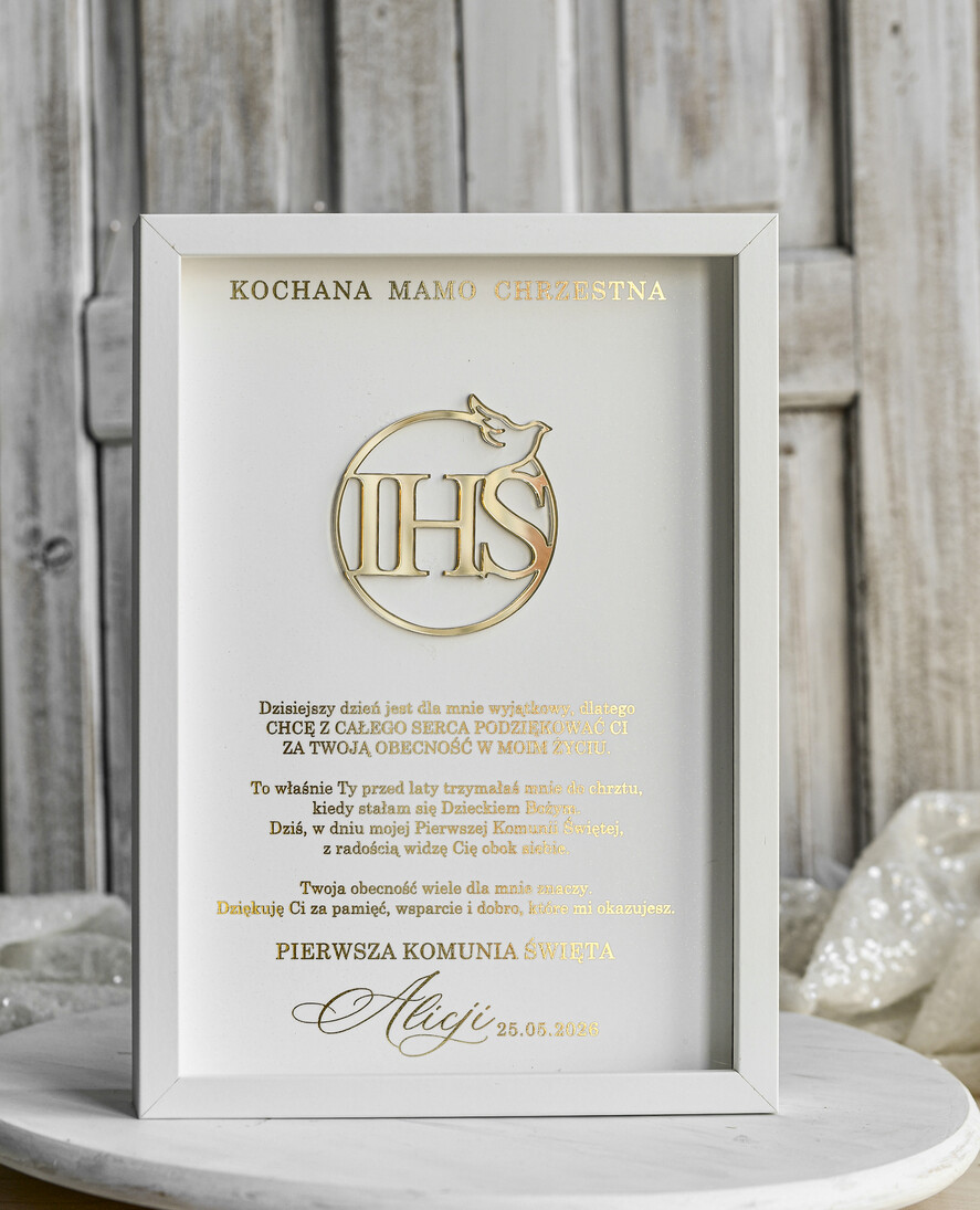 Pamiątki Prezenty na komunię  podziękowania dla najbliższych  podziękowanie dla Matki Chrzestnej na Komunię, Komunijne podziękowania dla Matki i Ojca Chrzestnego w białej ramie 0