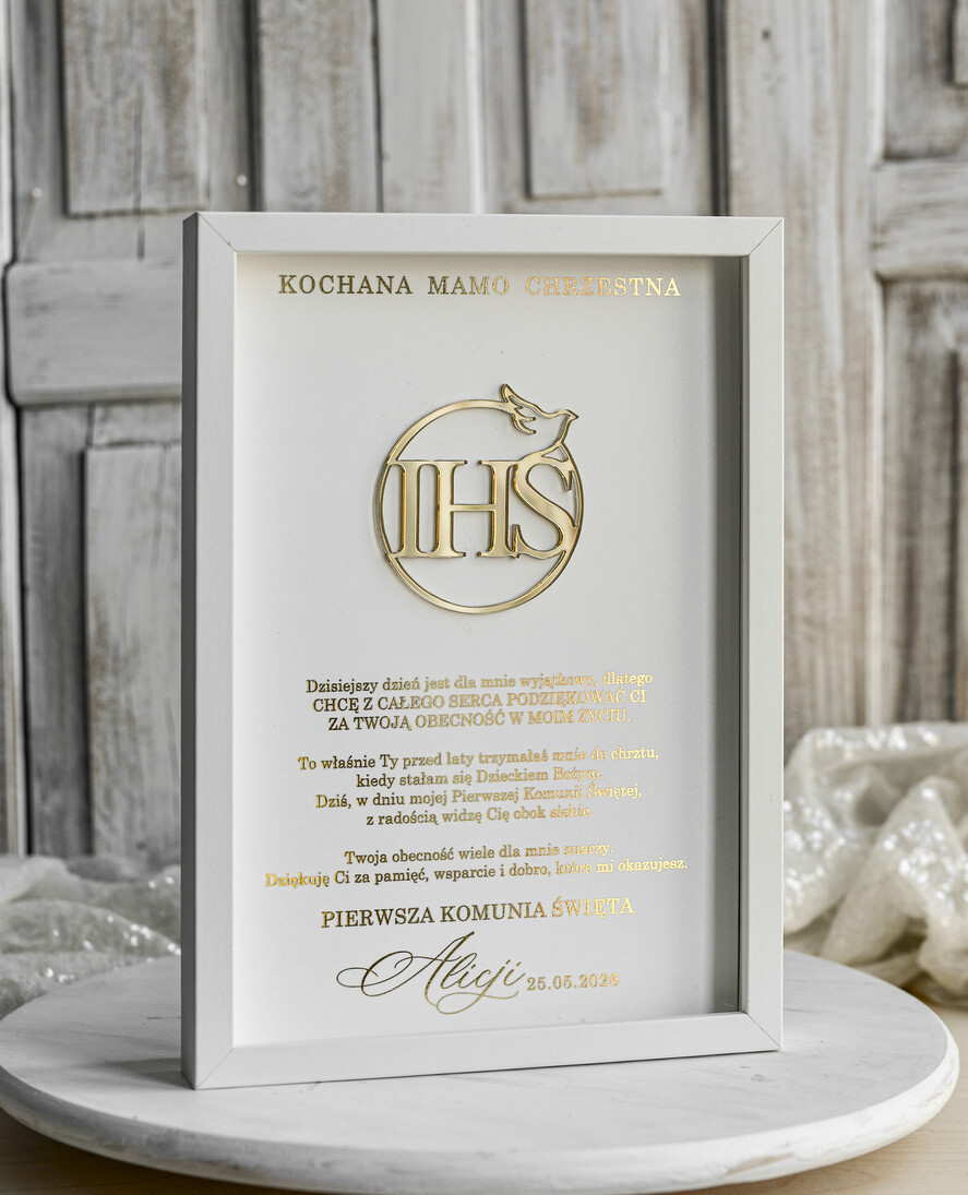 Pamiątki Prezenty na komunię  podziękowania dla najbliższych  podziękowanie dla Matki Chrzestnej na Komunię, Komunijne podziękowania dla Matki i Ojca Chrzestnego w białej ramie 1