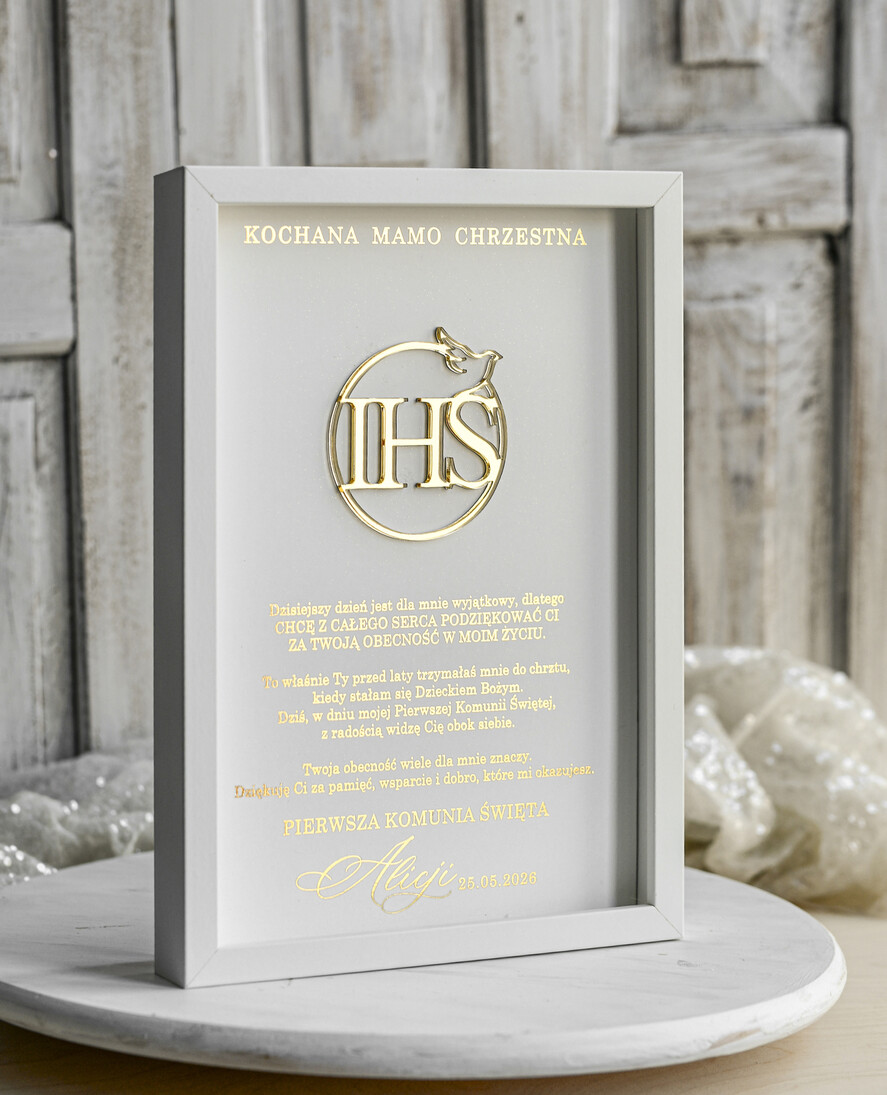Pamiątki Prezenty na komunię  podziękowania dla najbliższych  podziękowanie dla Matki Chrzestnej na Komunię, Komunijne podziękowania dla Matki i Ojca Chrzestnego w białej ramie 2