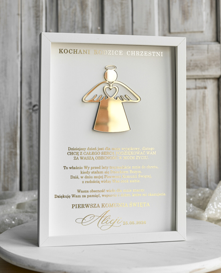 Pamiątki Prezenty na komunię  podziękowania dla najbliższych  podziękowanie dla rodziców Chrzestnych na Komunię, Komunijne podziękowania dla Matki i Ojca Chrzestnego w białej ramie 3