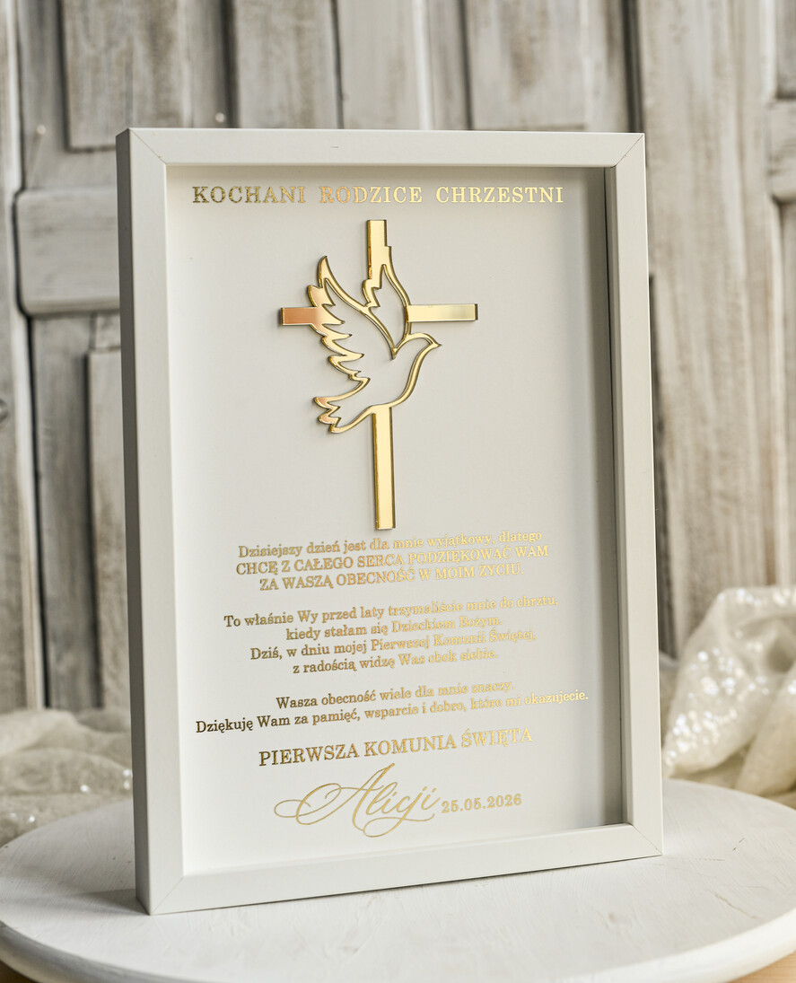 Pamiątki Prezenty na komunię  podziękowania dla najbliższych  podziękowanie dla rodziców Chrzestnych na Komunię, Komunijne podziękowania dla Matki i Ojca Chrzestnego w białej ramie 1