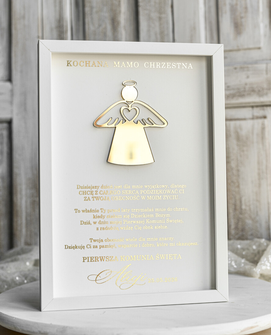 Pamiątki Prezenty na komunię  podziękowania dla najbliższych  podziękowanie dla Matki Chrzestnej na Komunię, Komunijne podziękowania dla Matki i Ojca Chrzestnego w białej ramie 1