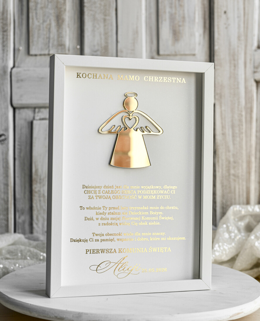 Pamiątki Prezenty na komunię  podziękowania dla najbliższych  podziękowanie dla Matki Chrzestnej na Komunię, Komunijne podziękowania dla Matki i Ojca Chrzestnego w białej ramie 4