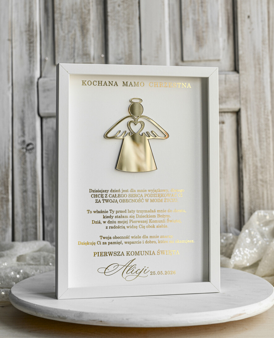 Pamiątki Prezenty na komunię  podziękowania dla najbliższych  podziękowanie dla Matki Chrzestnej na Komunię, Komunijne podziękowania dla Matki i Ojca Chrzestnego w białej ramie 5