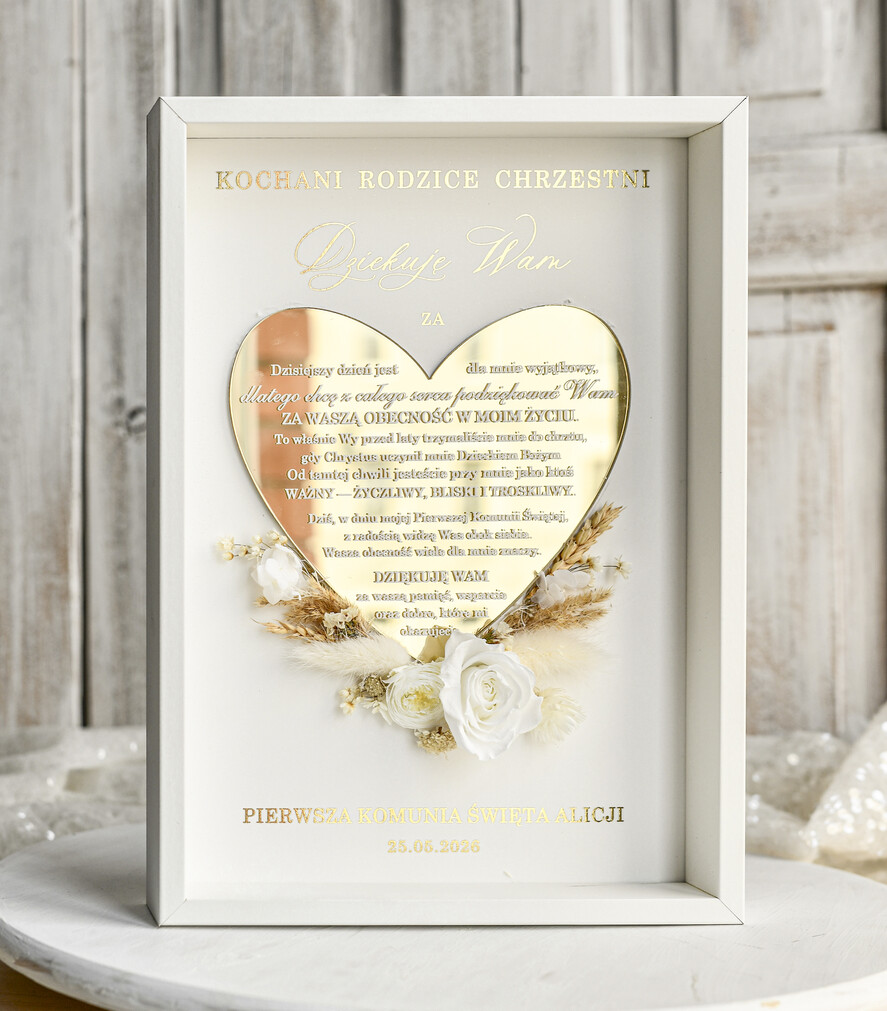 Pamiątki Prezenty na komunię  podziękowania dla najbliższych  podziękowanie dla Rodziców Chrzestnych Komunia, Komunijne podziękowania dla Matki i Ojca Chrzestnego Rama i kwiaty , Flowerbox Serce 3