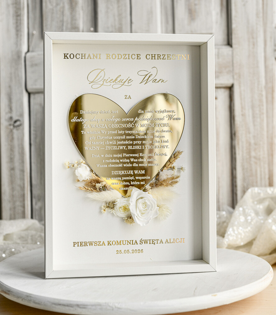 Pamiątki Prezenty na komunię  podziękowania dla najbliższych  podziękowanie dla Rodziców Chrzestnych Komunia, Komunijne podziękowania dla Matki i Ojca Chrzestnego Rama i kwiaty , Flowerbox Serce 4