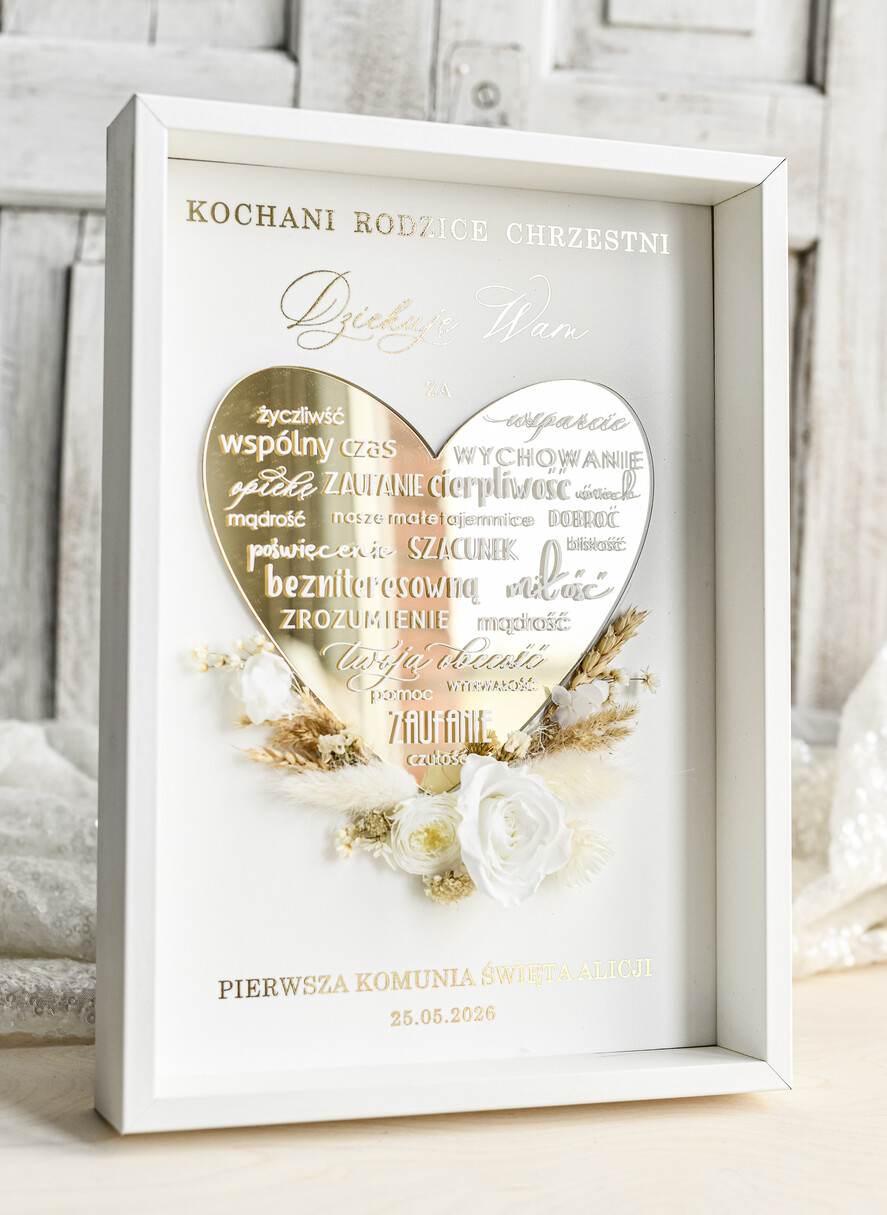 Pamiątki Prezenty na komunię  podziękowania dla najbliższych  podziękowanie dla Rodziców Chrzestnych Komunia, Komunijne podziękowania dla Matki i Ojca Chrzestnego Rama i kwiaty , Flowerbox Serce 2