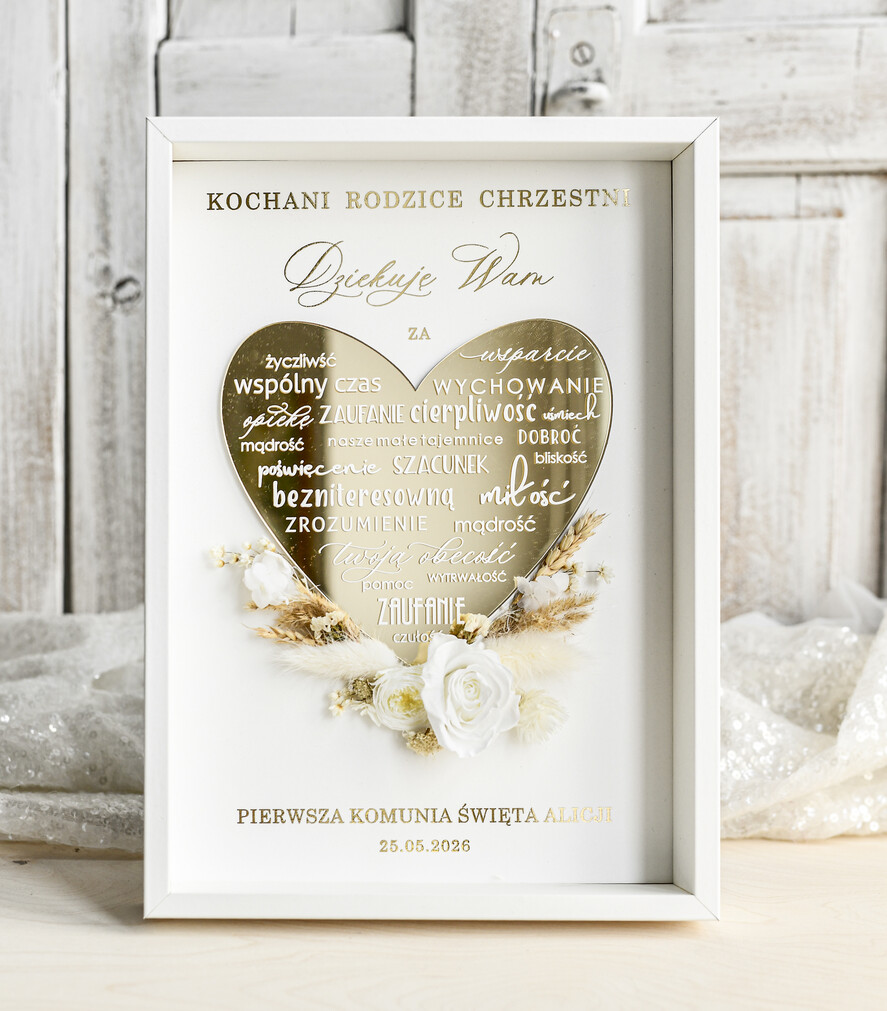 Pamiątki Prezenty na komunię  podziękowania dla najbliższych  podziękowanie dla Rodziców Chrzestnych Komunia, Komunijne podziękowania dla Matki i Ojca Chrzestnego Rama i kwiaty , Flowerbox Serce 0