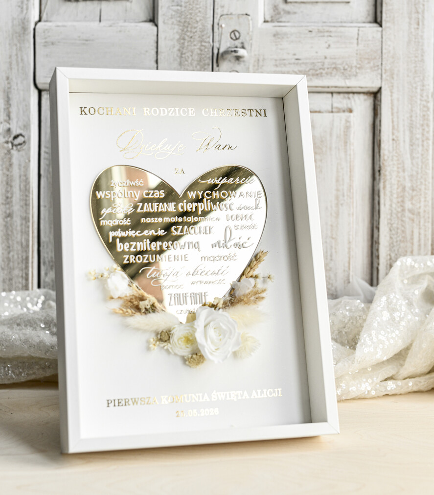 Pamiątki Prezenty na komunię  podziękowania dla najbliższych  podziękowanie dla Rodziców Chrzestnych Komunia, Komunijne podziękowania dla Matki i Ojca Chrzestnego Rama i kwiaty , Flowerbox Serce 3