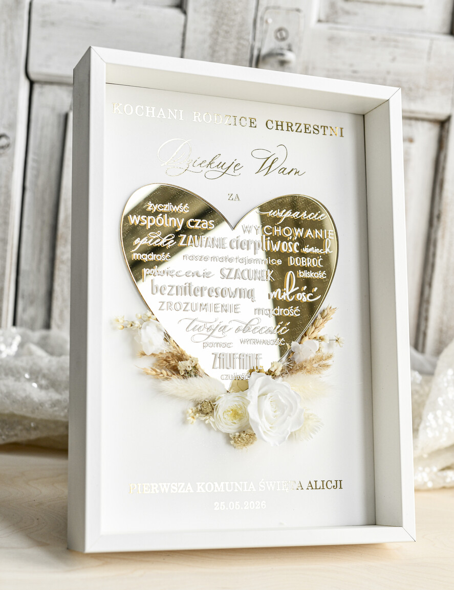 Pamiątki Prezenty na komunię  podziękowania dla najbliższych  podziękowanie dla Rodziców Chrzestnych Komunia, Komunijne podziękowania dla Matki i Ojca Chrzestnego Rama i kwiaty , Flowerbox Serce 4
