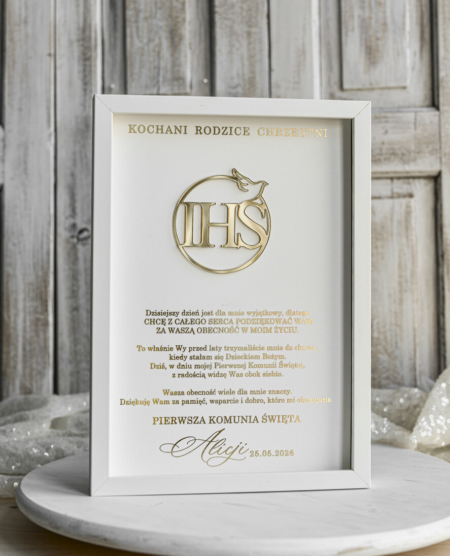 Pamiątki Prezenty na komunię  podziękowania dla najbliższych  podziękowanie dla rodziców Chrzestnych na Komunię, Komunijne podziękowania dla Matki i Ojca Chrzestnego w białej ramie 0