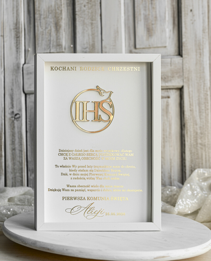Pamiątki Prezenty na komunię  podziękowania dla najbliższych  podziękowanie dla rodziców Chrzestnych na Komunię, Komunijne podziękowania dla Matki i Ojca Chrzestnego w białej ramie 3
