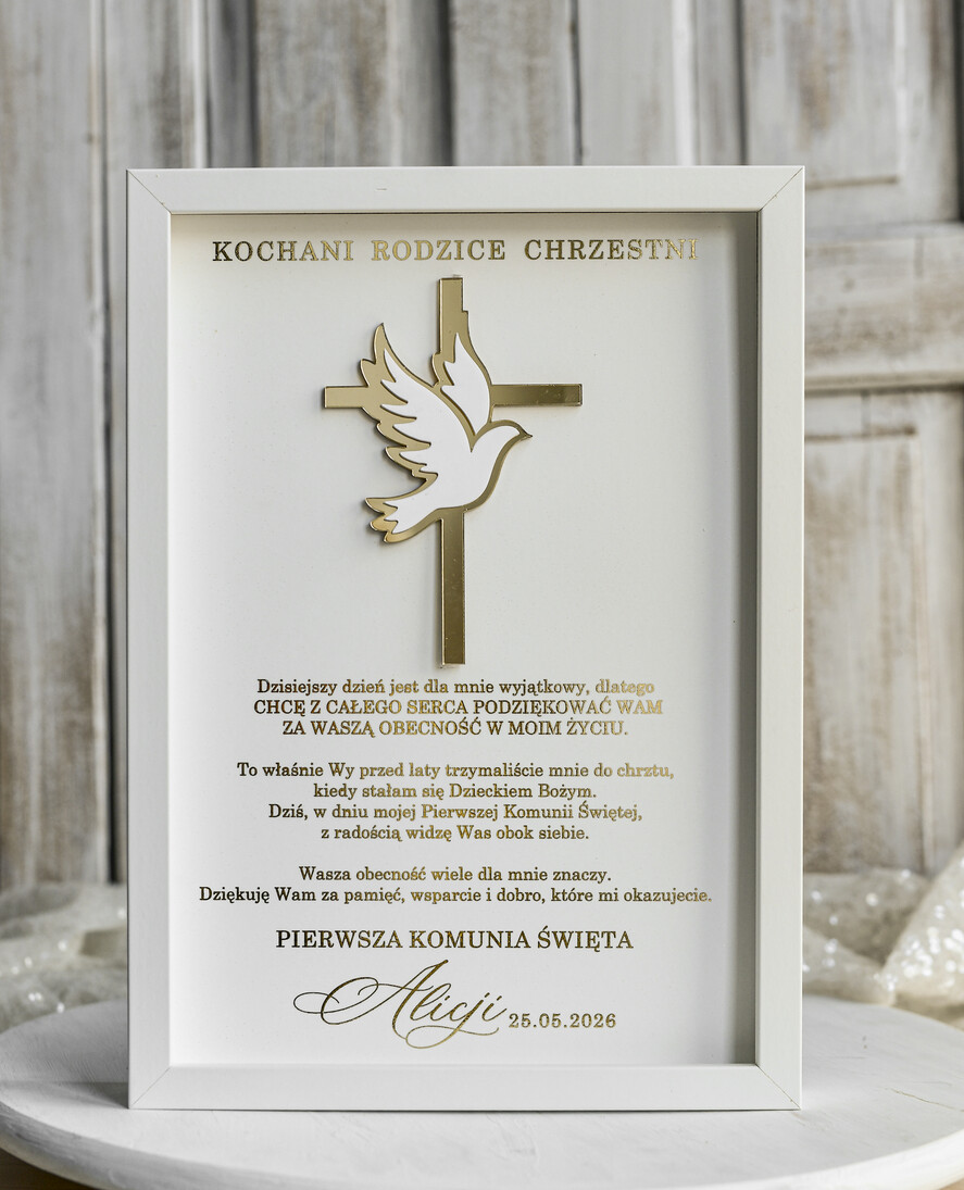 Pamiątki Prezenty na komunię  podziękowania dla najbliższych  podziękowanie dla rodziców Chrzestnych na Komunię, Komunijne podziękowania dla Matki i Ojca Chrzestnego w białej ramie 1